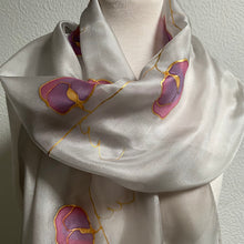 Load image into Gallery viewer, Sweet Pea Design Long Silk Scarf in Grey Pink Purple : Hand Painted Silk
