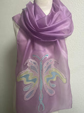 Load image into Gallery viewer, Butterfly Design X Long Silk Scarf in Orchid Pink : Hand Painted Silk
