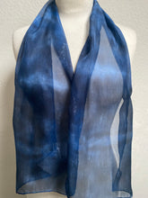 Load image into Gallery viewer, Hand Dyed Silk Neck Scarf in Dark Navy Light Blue Grey
