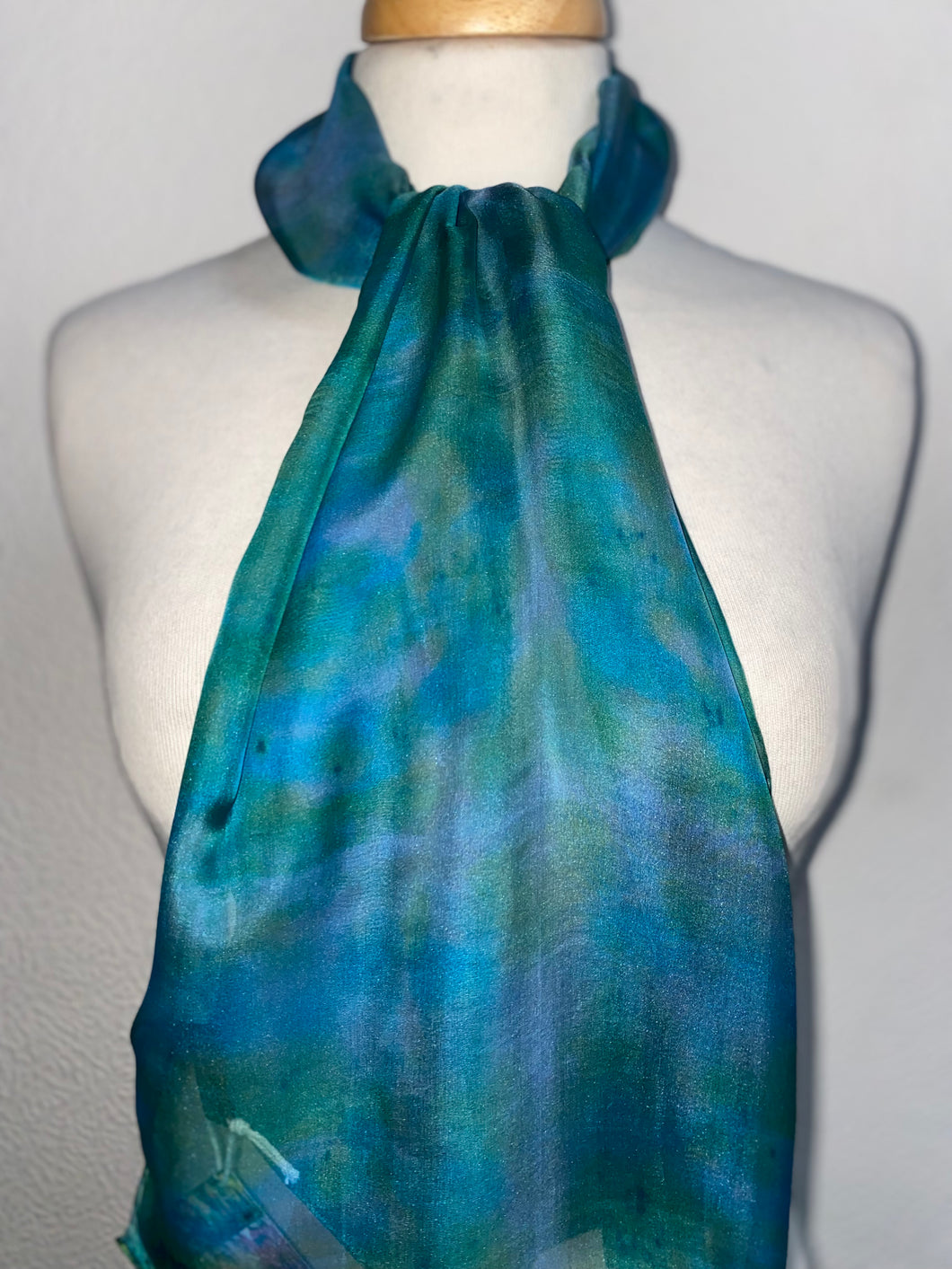 Hand Dyed Silk Neck Scarf in Jade Green Turquoise Grey