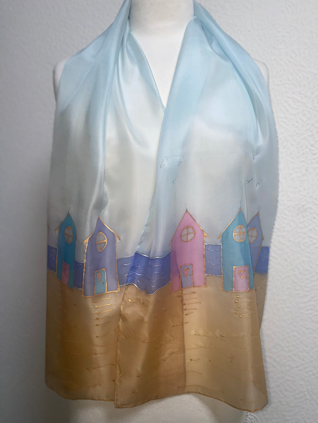 Beach Huts Long Scarf Hand Painted Silk