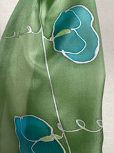 Load image into Gallery viewer, Sweet Peas Design Hand Painted Silk Neck Scarf in Apple Green Turquoise
