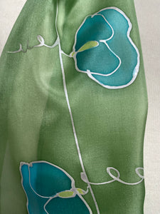 Sweet Peas Design Hand Painted Silk Neck Scarf in Apple Green Turquoise