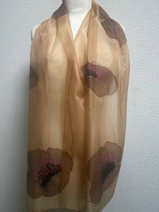 Poppies Design X Long Silk Scarf in Copper & Camel : Hand Painted Silk