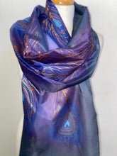 Load image into Gallery viewer, Peacock Feathers Design X Long Silk Scarf in Navy Blue Purple : Hand Painted Silk
