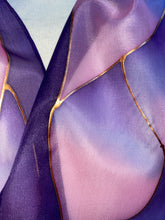 Load image into Gallery viewer, Flames Design Hand Painted Silk Neck Scarf in Purple, Pinks
