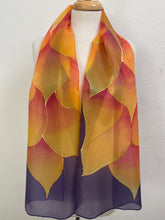 Load image into Gallery viewer, Flames Design Long Scarf in bright shades on purple
