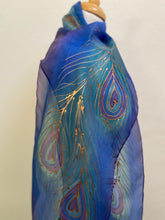Load image into Gallery viewer, Peacock Feathers Design Hand Painted Silk Neck Scarf in Blue, Purple, Aqua
