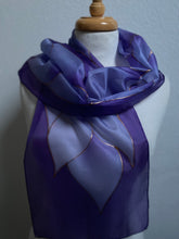 Load image into Gallery viewer, Flames Design Hand Painted Silk Neck Scarf in Purples Lilac

