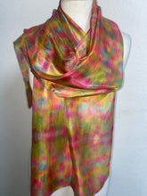 Load image into Gallery viewer, Hand Dyed Long Silk Scarf in Vibrant Pinks Gold Green Blue
