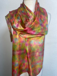 Hand Dyed Long Silk Scarf in Vibrant Pinks Gold Green Blue