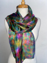 Load image into Gallery viewer, Hand Dyed Silk Neck Scarf in Multi Green Pink Red Gold
