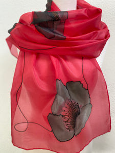 Poppy Noir Design Long Scarf : Hand Painted Silk in Red