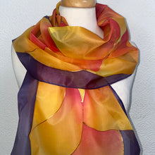 Load image into Gallery viewer, Flames Design Long Scarf in bright shades on purple

