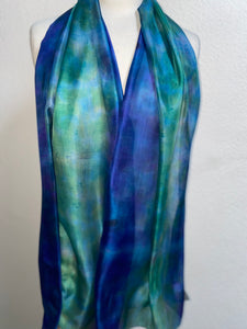 Hand Dyed Long Silk Scarf in Shades of Cobalt Navy Jade