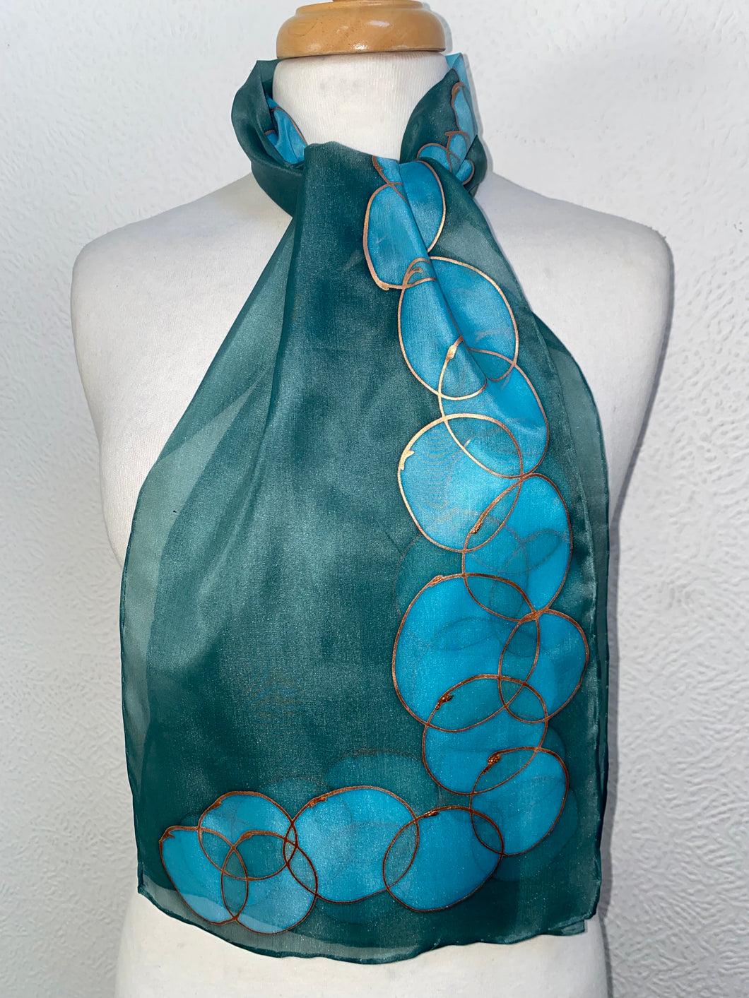 Bubbles Design Hand Painted Silk Neck Scarf in Green Teal Turquoise