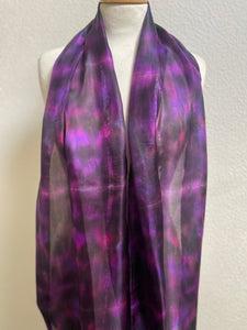 Hand Dyed Long Silk Scarf in Shades of Pink Purple Black