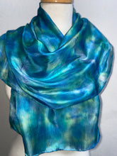 Load image into Gallery viewer, Hand Dyed Silk Neck Scarf in Aqua Jade Navy Blues
