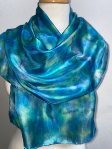 Hand Dyed Silk Neck Scarf in Aqua Jade Navy Blues