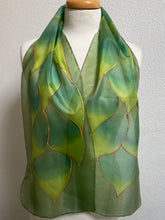 Load image into Gallery viewer, Flames Design Hand Painted Silk Neck Scarf in Greens
