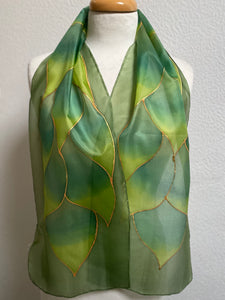 Flames Design Hand Painted Silk Neck Scarf in Greens