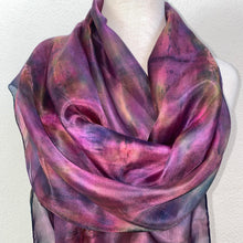 Load image into Gallery viewer, Hand dyed silk scarf in deep pink, grey &amp; green
