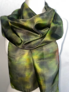 Hand Dyed Silk Neck Scarf in Forest Green Apple Lime