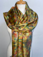 Load image into Gallery viewer, Hand Dyed Long Silk Scarf in Golden Ochre, Red, Tan, Green
