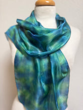 Load image into Gallery viewer, Hand Dyed Silk Neck Scarf in Peacock Blue Teal Jade by Designer Silk Artist
