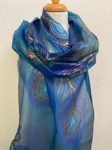 Peacock Feathers Design X Long Silk Scarf in Blue Turquoise : Hand Painted Silk