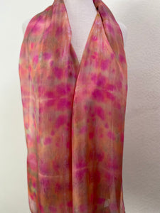 Hand Dyed Long Silk Scarf in Pink Peach Green Grey