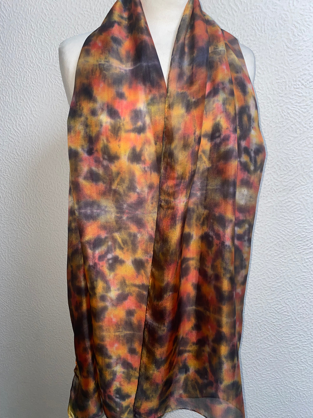 Hand Dyed Long Silk Scarf in Orange Charcoal Beige