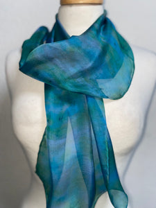 Hand Dyed Silk Neck Scarf in Jade Green Turquoise Grey