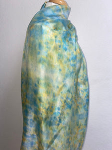 Hand Dyed Long Silk Scarf in Shades of Aqua Blue Green Gold