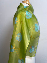 Load image into Gallery viewer, Sweet Peas Design Hand Painted Silk Neck Scarf in Lime Turquoise
