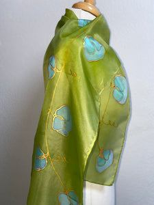 Sweet Peas Design Hand Painted Silk Neck Scarf in Lime Turquoise