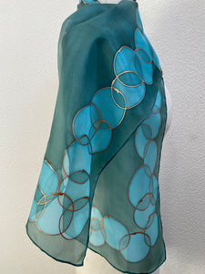 Bubbles Design Hand Painted Silk Neck Scarf in Green Teal Turquoise