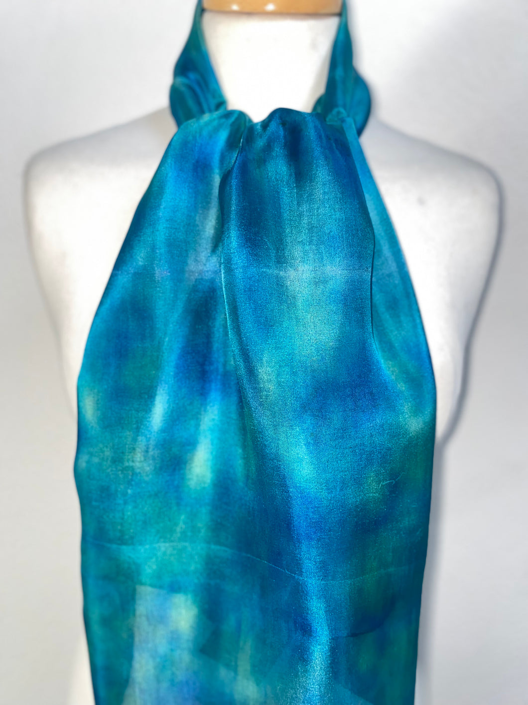 Hand Dyed Silk Neck Scarf in Turquoise Aqua Teal Blue