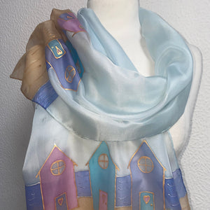 Beach Huts Long Scarf Hand Painted Silk