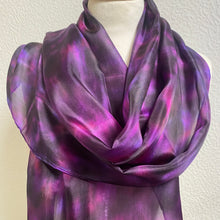 Load image into Gallery viewer, Hand Dyed Long Silk Scarf in Shades of Pink Purple Black
