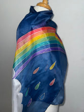 Load image into Gallery viewer, Rainbow Design Silk Scarf in Blue Silver : Hand Painted Silk by Designer Silk Artist
