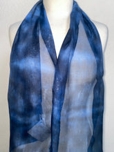 Load image into Gallery viewer, Hand Dyed Silk Neck Scarf in Dark Navy Light Blue Grey
