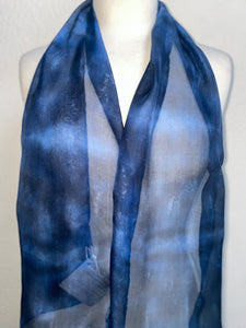 Hand Dyed Silk Neck Scarf in Dark Navy Light Blue Grey