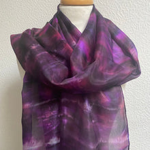 Load image into Gallery viewer, Hand Dyed Long Silk Scarf in Purple Black Pink
