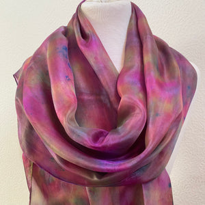 Hand Dyed Long Silk Scarf in Deep Pink Olive Navy Blue