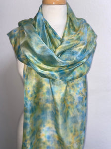 Hand Dyed Long Silk Scarf in Shades of Aqua Blue Green Gold