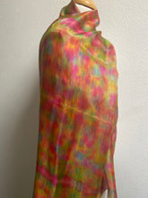 Load image into Gallery viewer, Hand Dyed Long Silk Scarf in Vibrant Pinks Gold Green Blue
