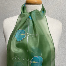 Load image into Gallery viewer, Sweet Peas Design Hand Painted Silk Neck Scarf in Apple Green Turquoise
