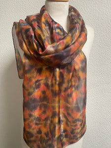 Hand Dyed Long Silk Scarf in Orange Charcoal Beige