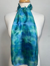 Load image into Gallery viewer, Hand Dyed Silk Neck Scarf in Teal, Apple Green, Blue by Designer Silk Artist
